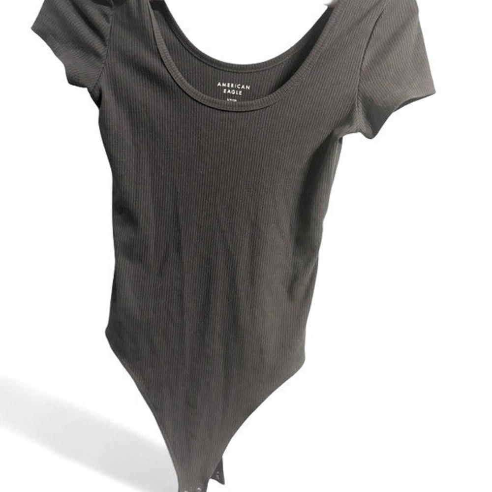 American Eagle Ribbed Short Sleeve Scoop Neck Bodysuit Dark Gray Charcoal xs